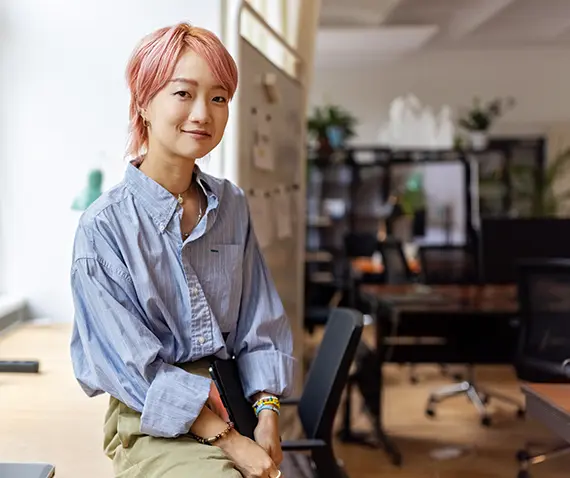 women with office in background